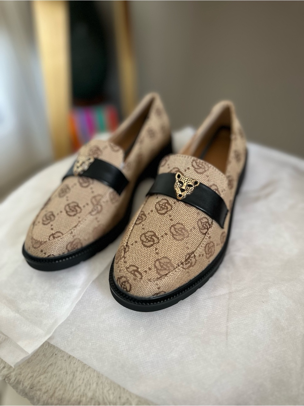 ⁠NWT SHEIN Monogram Loafers - Gold Leopard Hardware - Size 36 (US 6)⁠